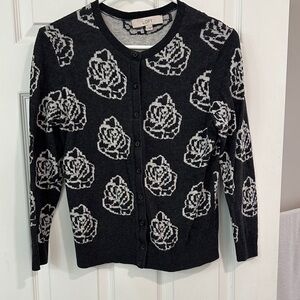 LOFT Floral Patterned Cardigan in Black and White